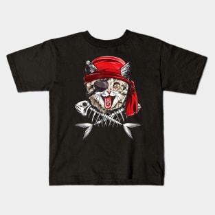 Cat Pirate Boys Jolly Roger Flag Skull And Crossbones Kids T-Shirt
